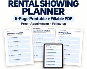 Peut inclure: Un planificateur de visites locatives comprenant un ensemble de 5 pages imprimables et PDF remplissables. Les documents incluent des sections pour la préparation, le planning et le suivi, marqués Rental Owner Studio.
