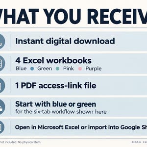 Digital download contents: four Excel workbooks named Blue, Green, Pink and Purple, plus one PDF access-link file. Start with blue or green for the six-tab workflow. Open in Excel or import into Google Sheets; software not included.