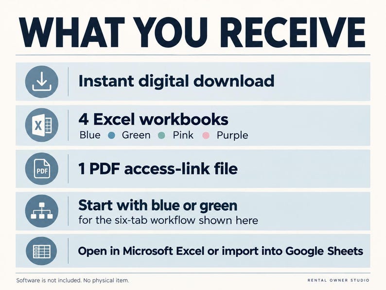 Digital download contents: four Excel workbooks named Blue, Green, Pink and Purple, plus one PDF access-link file. Start with blue or green for the six-tab workflow. Open in Excel or import into Google Sheets; software not included.