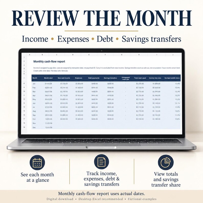 Monthly cash-flow report laptop preview with income, expenses, debt payments, savings transfers and cash-used totals. Monthly reporting uses actual pay and transaction dates. Fictional examples.