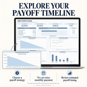 Laptop dashboard preview with an enlarged projected payoff chart. Choose a strategy, try extra monthly payments and review estimated payoff timing. Forecasts use fixed APRs and minimum payments. Example data shown; actual results vary.