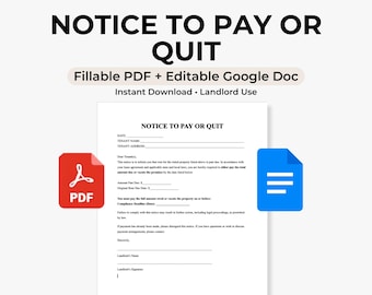 Notice to Pay or Quit Template | Vacate | Editable Tenant Form | Fillable PDF & Google Docs