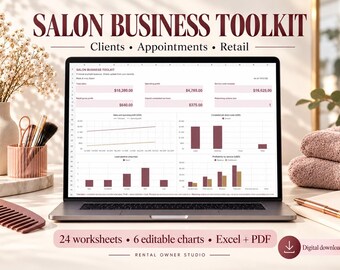 Peut inclure: Un écran d'ordinateur portable affichant un Salon Business Toolkit avec des données financières, des graphiques et des tableaux. Le texte indique Salon Business Toolkit, Clients, Appointments, Retail, 24 worksheets, 6 editable charts, Excel + PDF, Rental Owner Studio.