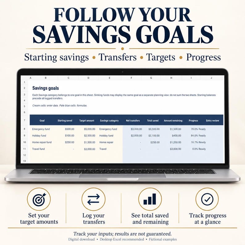 Savings goals worksheet on a laptop with starting savings, targets, matching transfers, totals saved, amount remaining and progress. Results depend on your inputs. Fictional examples.