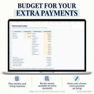 Laptop preview of the Budget worksheet with monthly income, expense categories, money available for extra payments and unallocated funds. Enter the chosen extra payment on Setup. Example data shown.