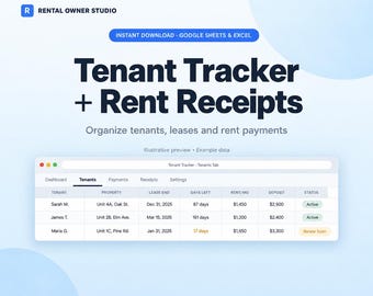 Feuille de calcul de suivi des locataires : Générateur de registre des loyers et de reçus, Excel et Google Sheets