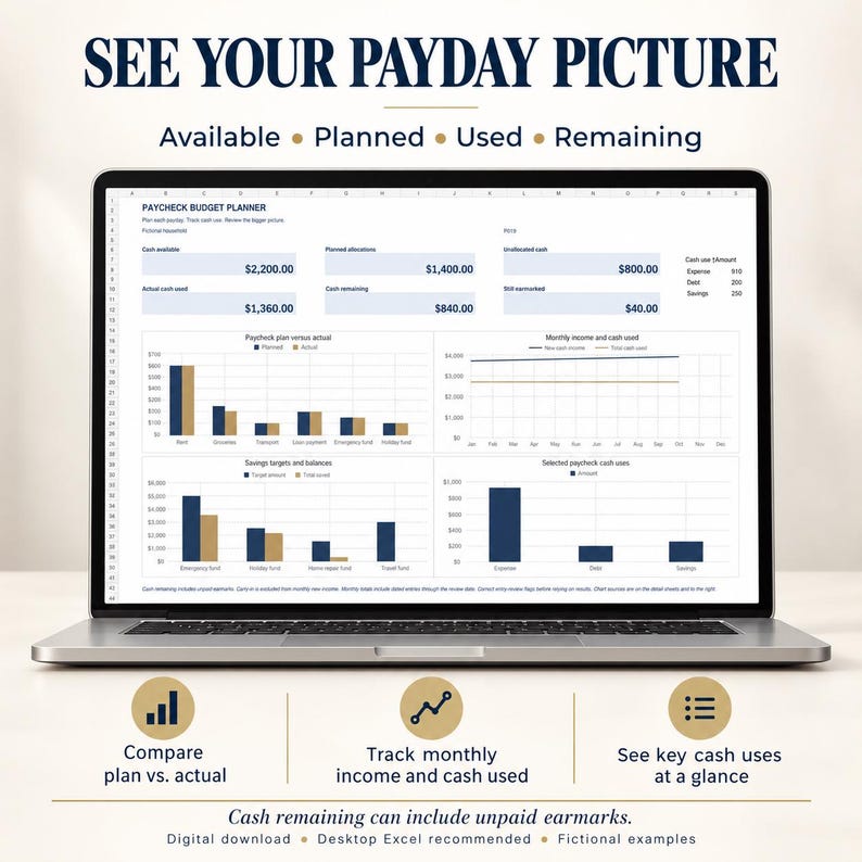 May include: A laptop screen displaying a Paycheck Budget Planner spreadsheet with charts and financial data. Text includes SEE YOUR PAYDAY PICTURE, Available, Planned, Used, Remaining, and various budget categories with numerical values in dollars.