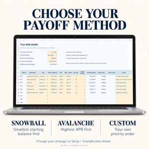 Laptop preview of Setup and three payoff methods. Snowball prioritizes the smallest starting balance, Avalanche the highest APR, and Custom your chosen priority order. Example data shown.