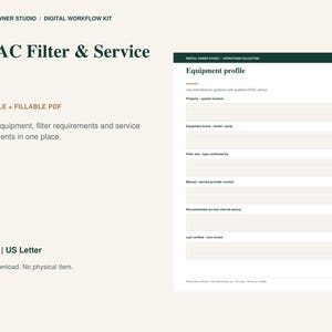 May include: A digital HVAC Filter & Service Log template featuring a dark green header with the text Equipment profile. The form includes fields for property location, equipment details, filter type, service contacts, and maintenance intervals.