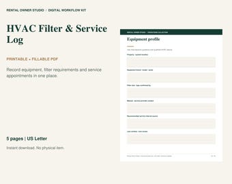 Peut inclure: Un modèle numérique de journal d'entretien et de filtres CVC avec un en-tête vert foncé portant le texte Equipment profile. Le formulaire comprend des champs pour l'emplacement, les détails de l'équipement, le type de filtre et les contacts.