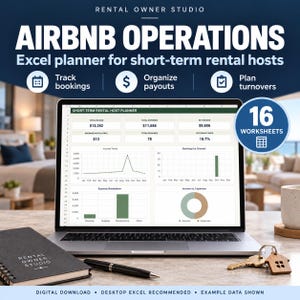 Puede incluir: Una pantalla de portátil muestra una hoja de cálculo de Excel titulada Short-Term Rental Host Planner con datos financieros, gráficos y tablas. La imagen incluye el texto: Rental Owner Studio, Airbnb Operations, 16 Worksheets y detalles.