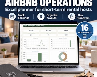 Peut inclure: Un écran d'ordinateur affiche une feuille de calcul Excel intitulée Short-Term Rental Host Planner avec des données financières, des graphiques et des tableaux. L'image contient le texte : Rental Owner Studio, Airbnb Operations, 16 Worksheets.