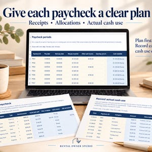 May include: A laptop displaying a financial spreadsheet titled Paycheck periods, surrounded by two printed sheets labeled Plan each paycheck and Record actual cash use, with the text Give each paycheck a clear plan at the top.