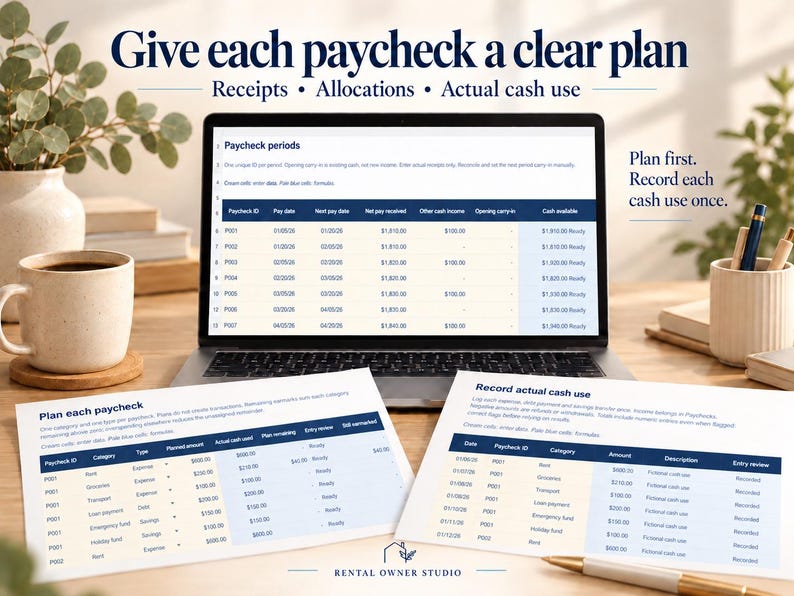 May include: A laptop displaying a financial spreadsheet titled Paycheck periods, surrounded by two printed sheets labeled Plan each paycheck and Record actual cash use, with the text Give each paycheck a clear plan at the top.