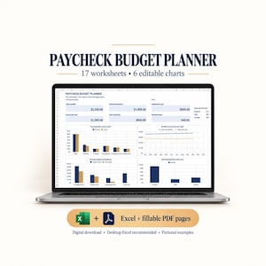 Dashboard laptop preview showing cash available, planned allocations, actual cash used, cash remaining and earmarks, plus four charts. Cash remaining can include unpaid earmarks. Fictional example data.