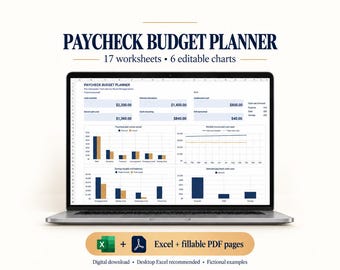 Peut inclure: Un écran d'ordinateur portable affichant un Paycheck Budget Planner avec 17 feuilles de calcul et 6 graphiques modifiables. L'interface présente des données financières, des histogrammes et des graphiques linéaires. Une étiquette indique Excel + fillable PDF pages.