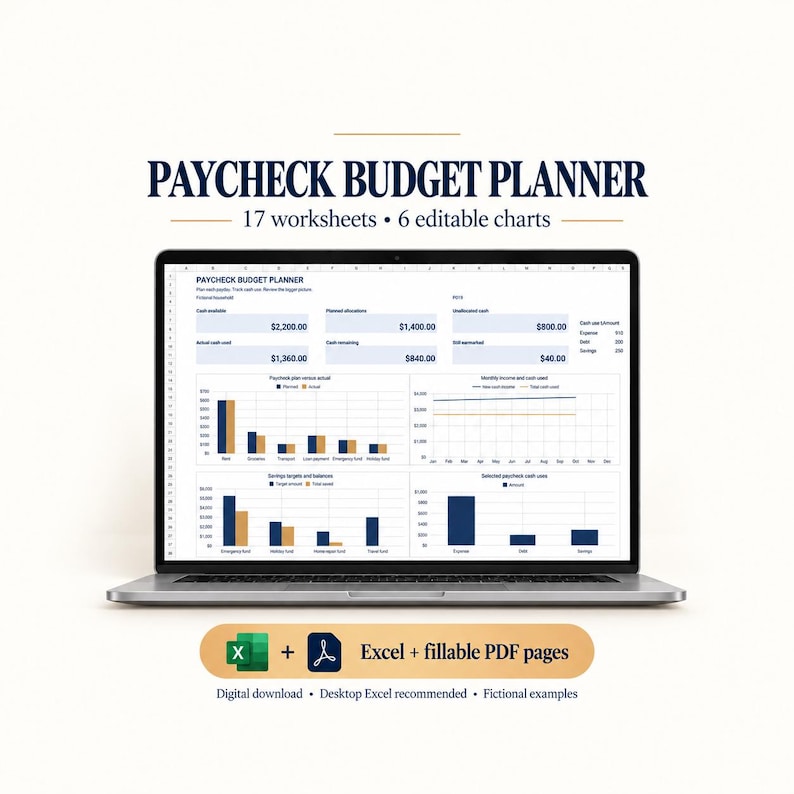 Dashboard laptop preview showing cash available, planned allocations, actual cash used, cash remaining and earmarks, plus four charts. Cash remaining can include unpaid earmarks. Fictional example data.
