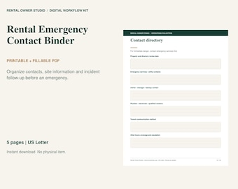 Peut inclure: Un kit de flux de travail numérique Rental Emergency Contact Binder comprenant un PDF imprimable et remplissable. Le document inclut une page de répertoire de contacts avec des champs pour les services d'urgence et les fournisseurs.