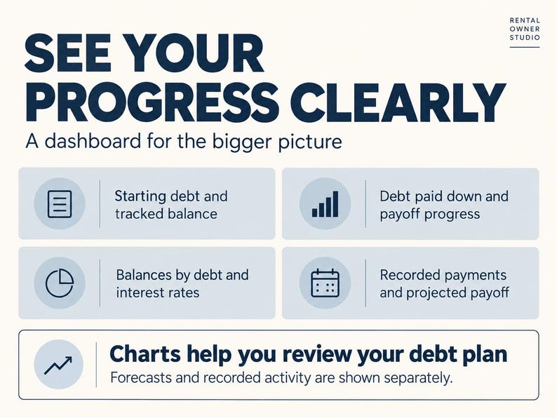 Dashboard features starting and tracked debt, debt paid down, payoff progress, balances by debt, interest rates, recorded payments and projected payoff. Charts help review the debt plan. Forecasts and recorded activity are separate.