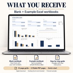 May include: A laptop screen displays a Paycheck Budget Planner Excel workbook with financial data, charts, and tables. Text includes WHAT YOU RECEIVE, Blank + Example Excel workbooks, and a 10-page guide with 6 fillable PDF pages.