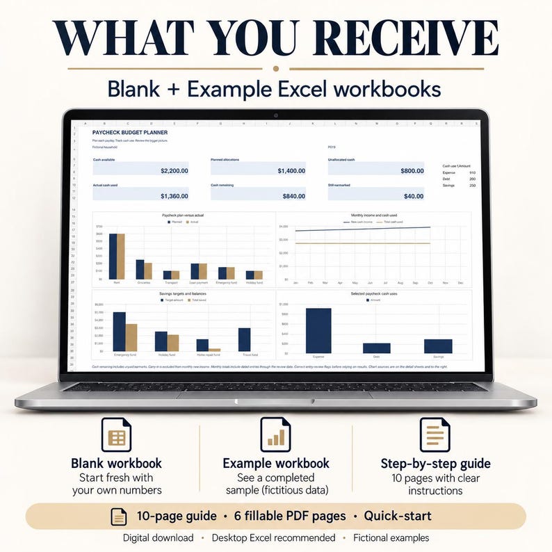 May include: A laptop screen displays a Paycheck Budget Planner Excel workbook with financial data, charts, and tables. Text includes WHAT YOU RECEIVE, Blank + Example Excel workbooks, and a 10-page guide with 6 fillable PDF pages.