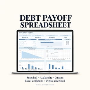 May include: A laptop screen displays a Debt Payoff Spreadsheet from Debt Payoff Studio. The dashboard features financial data, including starting debt, balance remaining, debt paid down, and payoff progress charts in blue and white tones.
