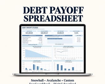 Peut inclure: Un écran d'ordinateur affiche une feuille de calcul de remboursement de dettes Debt Payoff Studio. Le tableau de bord présente des données financières, notamment la dette initiale, le solde restant et des graphiques de progression.