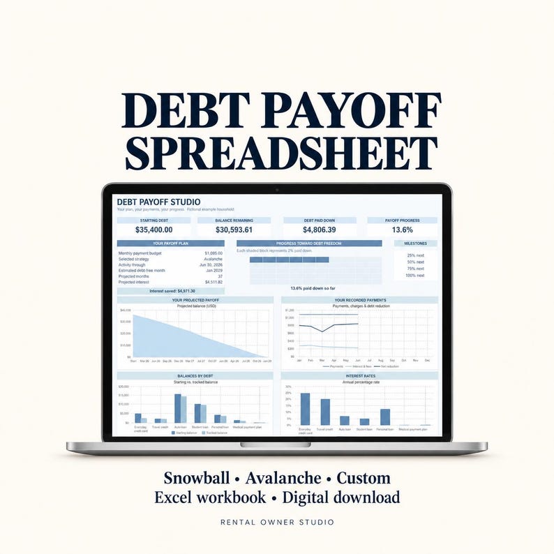 May include: A laptop screen displays a Debt Payoff Spreadsheet from Debt Payoff Studio. The dashboard features financial data, including starting debt, balance remaining, debt paid down, and payoff progress charts in blue and white tones.