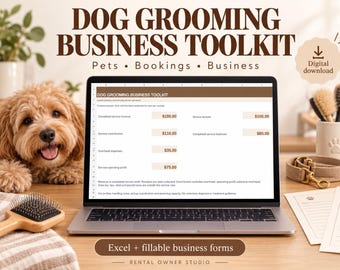 Peut inclure: Un kit d'outils numérique pour entreprise de toilettage canin affiché sur un écran d'ordinateur portable, comprenant Excel et des formulaires commerciaux remplissables. L'écran affiche des données financières. Le texte indique Dog Grooming Business Toolkit.