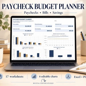 May include: A laptop screen displaying a Paycheck Budget Planner with financial data, including charts for cash flow, savings targets, and balances. The interface features sections for cash available, planned allocations, and unallocated cash totals.
