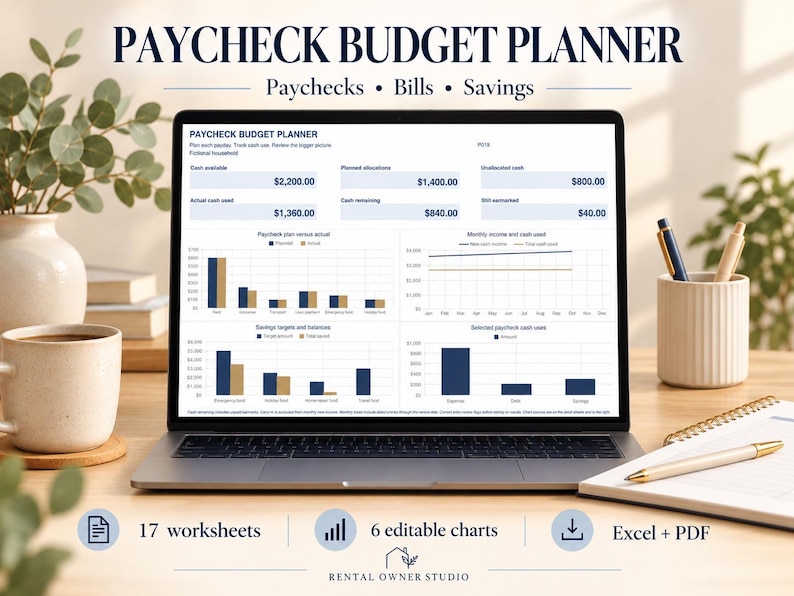 May include: A laptop screen displaying a Paycheck Budget Planner with financial data, including charts for cash flow, savings targets, and balances. The interface features sections for cash available, planned allocations, and unallocated cash totals.