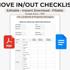 Może przedstawiać: Lista kontrolna odbioru/zdawania mieszkania z tytułem "MOVE IN/OUT CHECKLIST" w czarnym tekście. Lista kontrolna jest przeznaczona dla właścicieli i zarządców nieruchomości. Dokument jest edytowalny, natychmiast do pobrania i wypełnienia w formatach Google Docs i PDF.