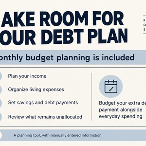Monthly Budget tab helps plan income, living expenses, savings and debt payments, and review unallocated money. Plan extra debt payments alongside everyday spending. Information is entered manually.