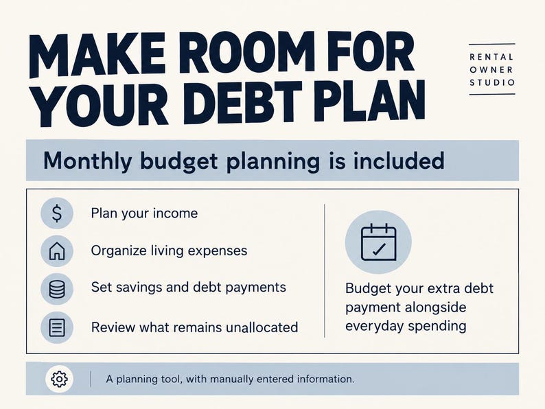 Monthly Budget tab helps plan income, living expenses, savings and debt payments, and review unallocated money. Plan extra debt payments alongside everyday spending. Information is entered manually.