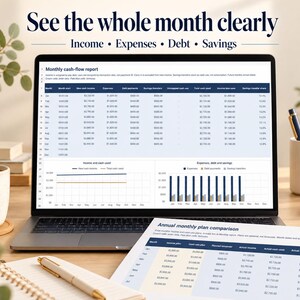 May include: A laptop screen displays a monthly cash-flow report with tables and charts for income, expenses, debt, and savings. The text reads See the whole month clearly, Income, Expenses, Debt, Savings, and Annual monthly plan comparison.