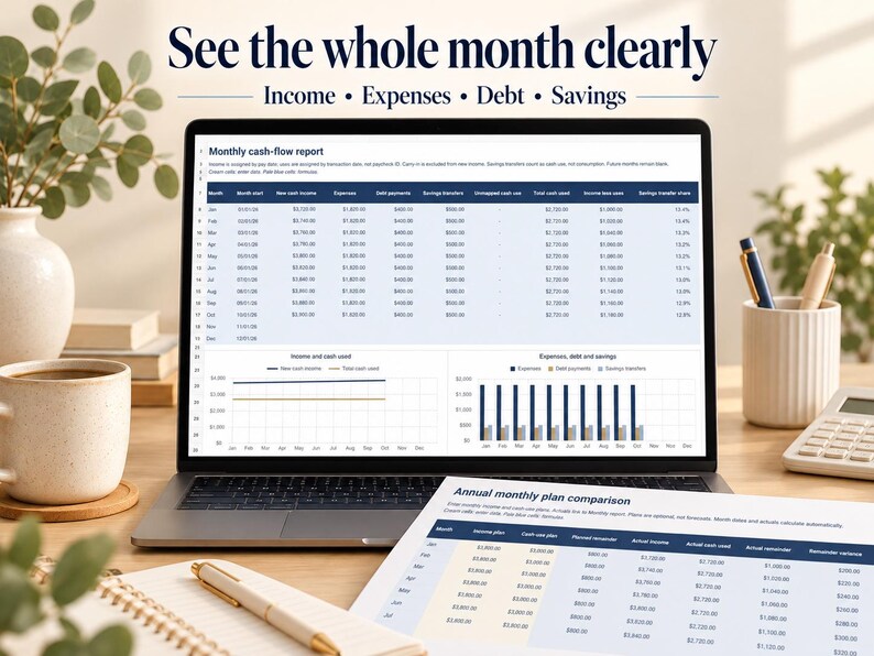May include: A laptop screen displays a monthly cash-flow report with tables and charts for income, expenses, debt, and savings. The text reads See the whole month clearly, Income, Expenses, Debt, Savings, and Annual monthly plan comparison.