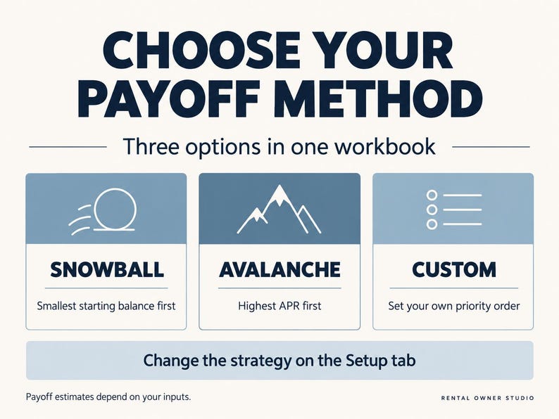 Three payoff methods: Snowball prioritizes the smallest starting balance, Avalanche the highest APR, and Custom your own priority order. Change strategy on the Setup tab. Estimates depend on your inputs.
