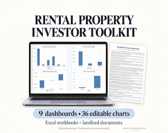 Peut inclure: Un ordinateur portable argenté affichant quatre graphiques à barres bleus sur son écran, placé à côté d'un document Residential Lease Agreement. Le texte indique Rental Property Investor Toolkit, 9 dashboards, 36 editable charts, Excel workbooks, landlord documents et Rental Owner Studio.