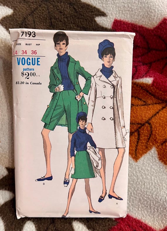Vintage Vogue Pattern 7193 1960's Mod-style Double-breasted Coat