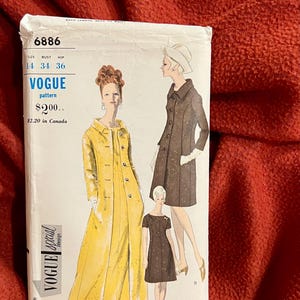 May include: Vintage Vogue sewing pattern number 6886 for a long coat and a short dress. The pattern is for sizes 14, 34, and 36. The pattern is priced at $2.00.
