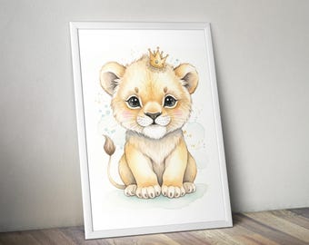 Arte de acuarela de león bebé para habitación infantil / Decoración para habitación de niños (Productos digitales)