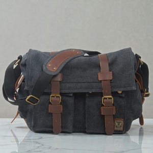 Canvas herentas – leren schoudertas crossbodytas Carbon Black