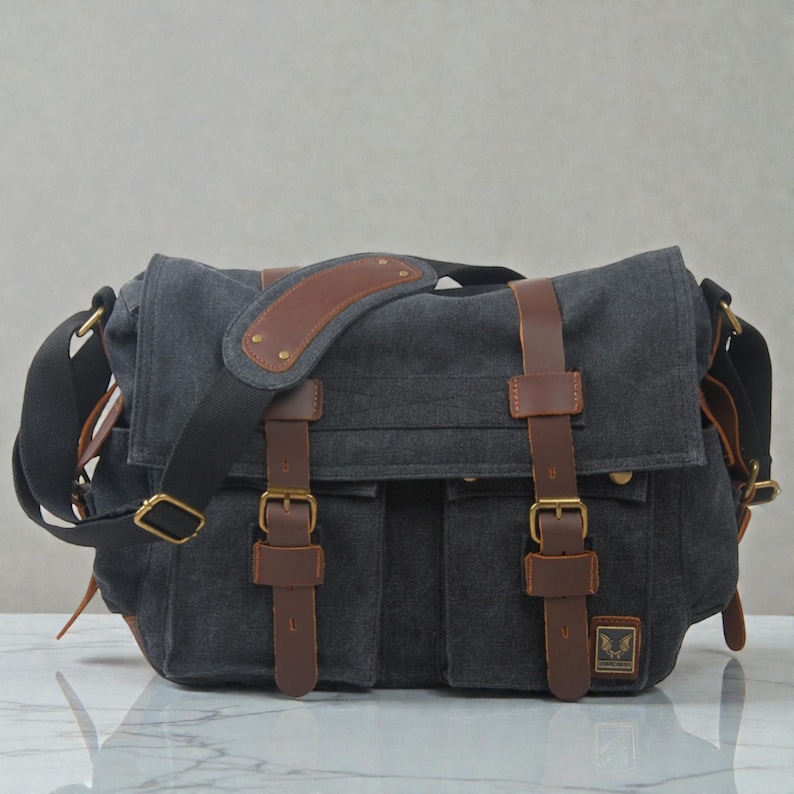 Canvas herentas – leren schoudertas crossbodytas Carbon Black