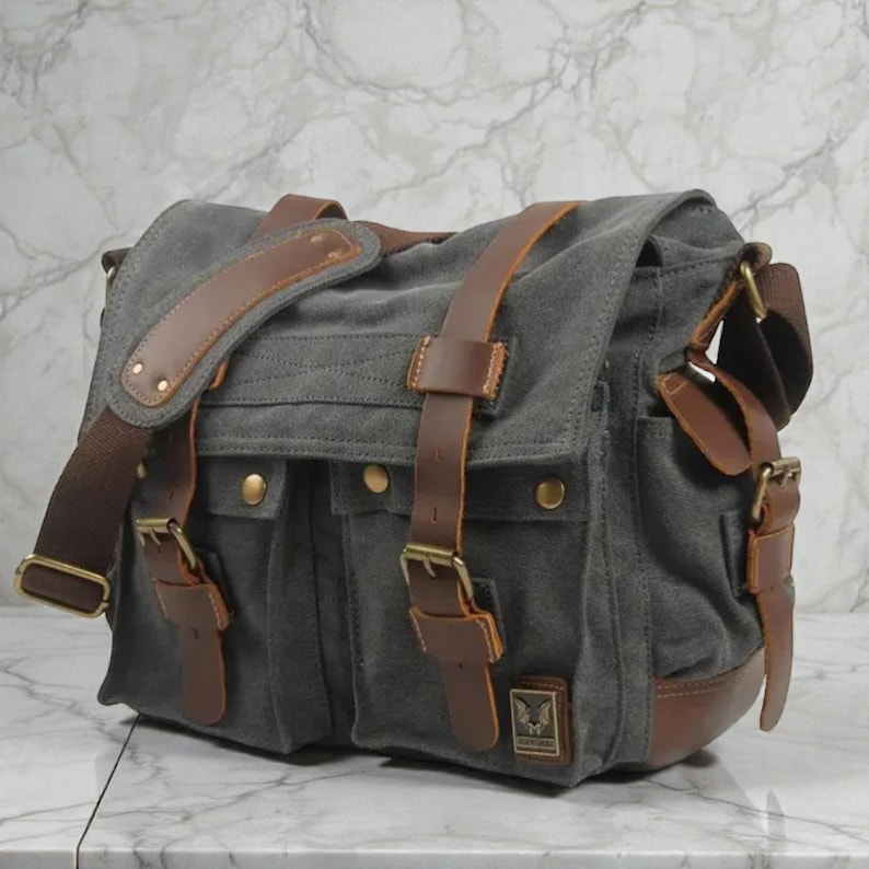 Canvas herentas – leren schoudertas crossbodytas afbeelding 6