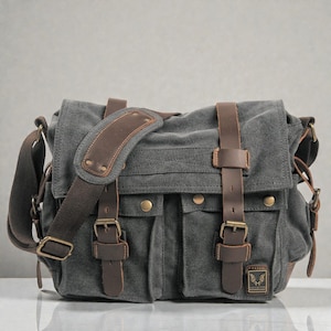 Canvas herentas – leren schoudertas crossbodytas Dark Grey