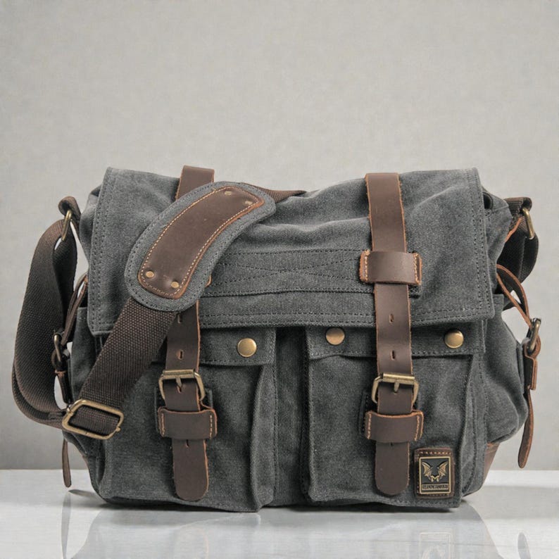 Canvas herentas – leren schoudertas crossbodytas Dark Grey