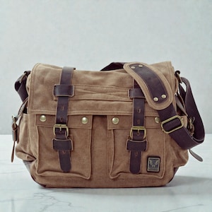 Canvas herentas – leren schoudertas crossbodytas Light Coffee