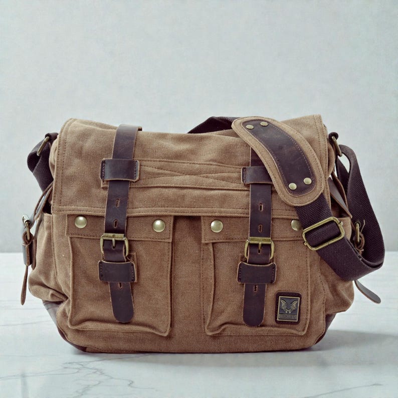 Canvas herentas – leren schoudertas crossbodytas Light Coffee