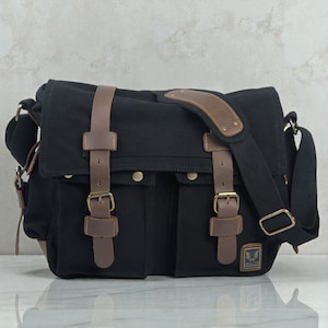 Canvas herentas – leren schoudertas crossbodytas Zwart