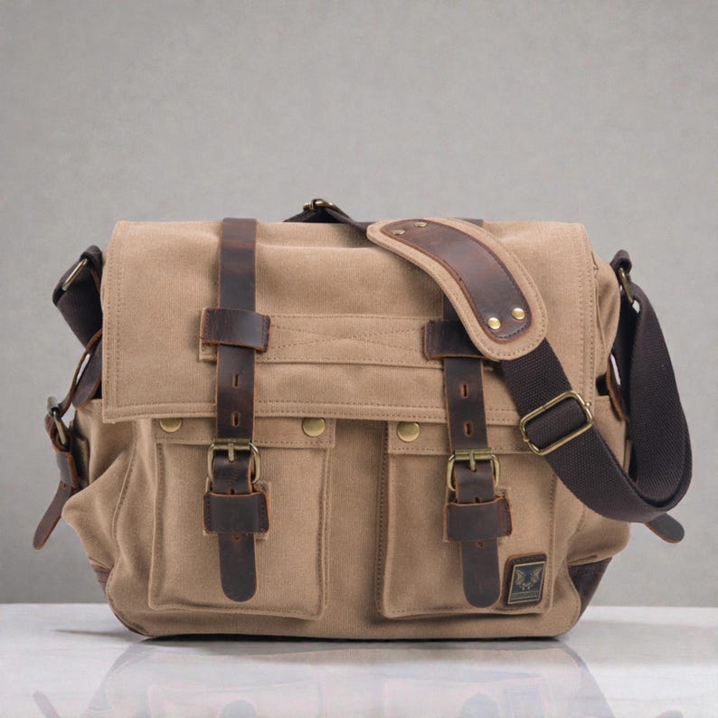 Canvas herentas – leren schoudertas crossbodytas Khaki